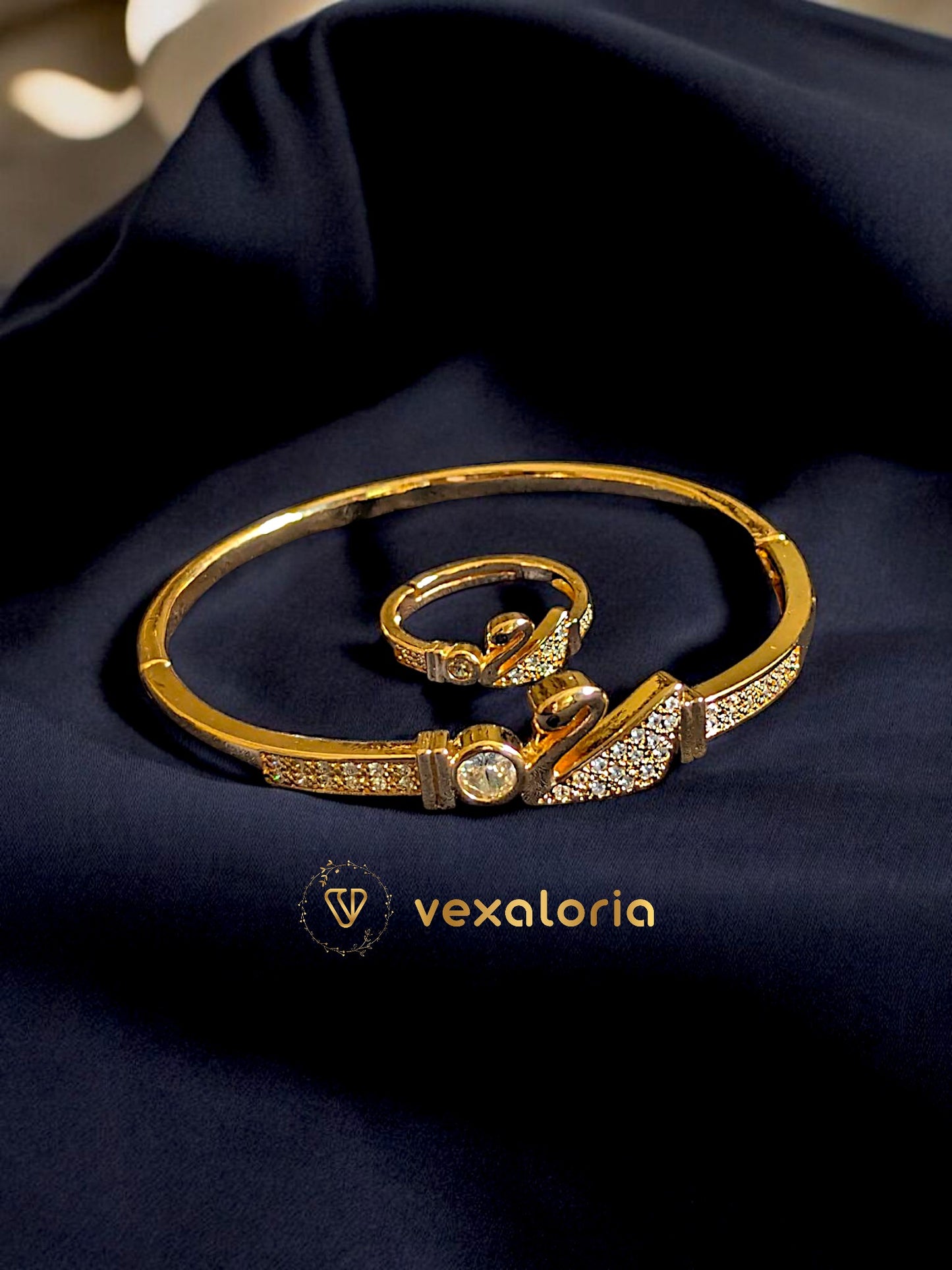 Swan style zircon studded bracelet (kara) with Ring