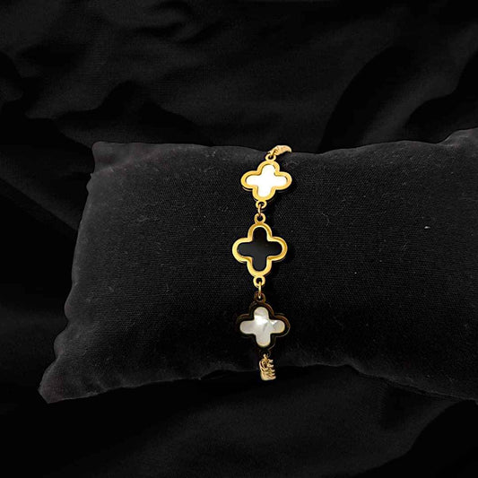 Gold Plated Black And White Clover Bracelet – Anti-Tarnish Stainless Steel Jewelry for Women and Girls